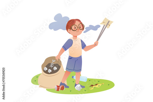 Boy is Picking up Trash Using Tongs | Storybook Eco Kids