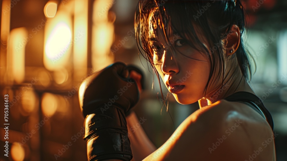 Young Asian woman with boxing gloves. Focused training