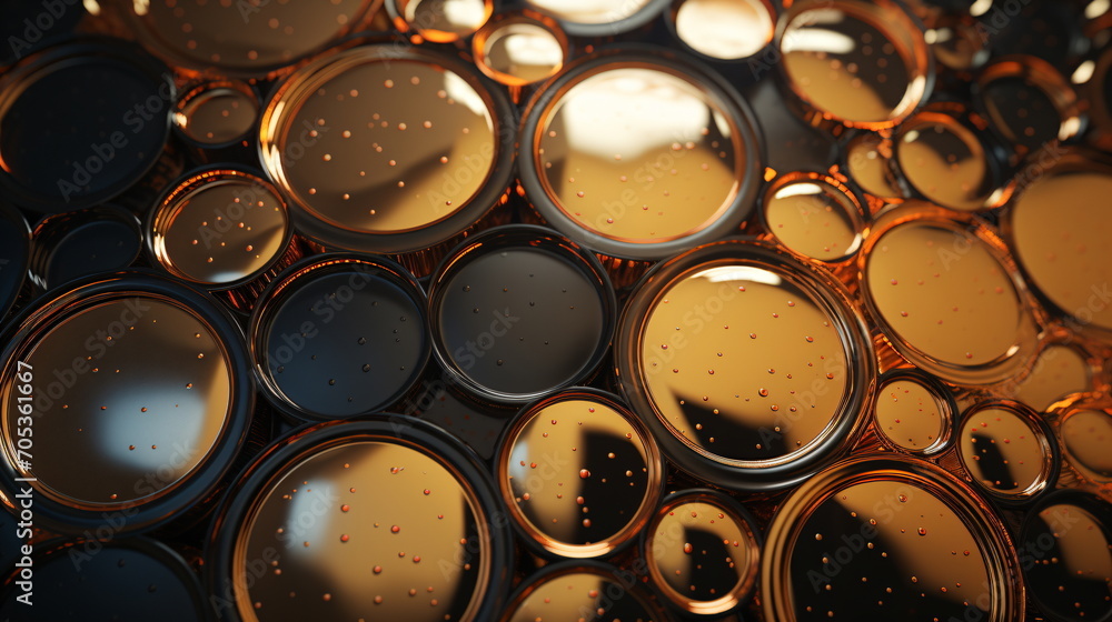 Overlapping Circles, Contrast of Gold and Black, Sparkle of Liquid or Glass Surface, Small Bubbles Overlapping Circles, Contrast of Gold and Black, Sparkle of Liquid or Glass Surface, Small Bubbles