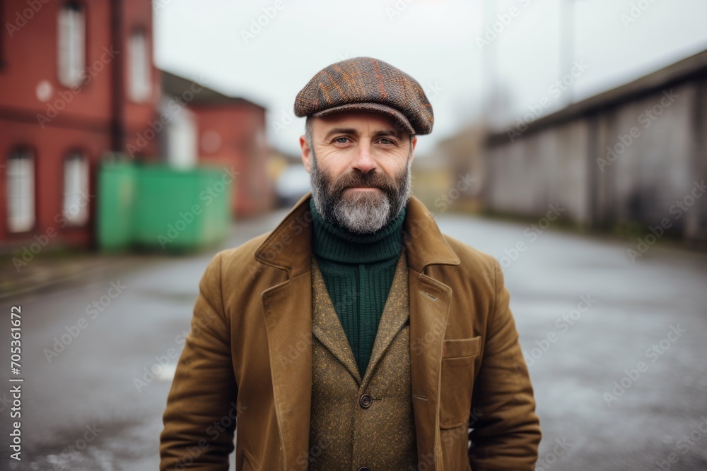Portrait of a handsome bearded hipster man in a hat and coat. Portrait of a handsome bearded hipster man in a hat and coat.