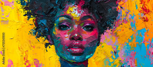 Abstract painting depicting a colorful art portrait of a black woman, celebrating black history month and African culture.