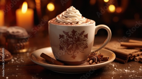 The photograph offers a sensory experience as it showcases a warm mug of silky hot chocolate, adorned with a dusting of cinnamon and a dollop of freshly whipped cream that slowly melts into