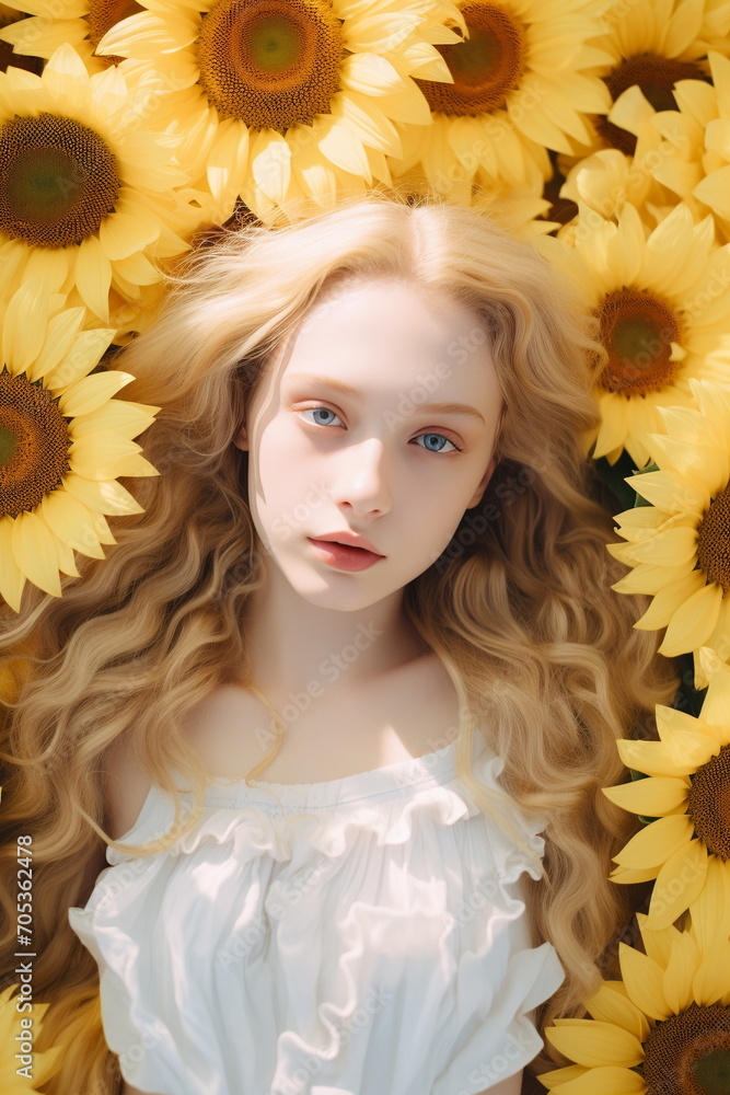 A beautiful girl with long blonde hair is lying down in a place filled with sunflowers in full bloom, looking at the camera. Close-up of face. Top view. About 18 years old. Generative AI A beautiful girl with long blonde hair is lying down in a place filled with sunflowers in full bloom, looking at the camera. Close-up of face. Top view. About 18 years old. Generative AI