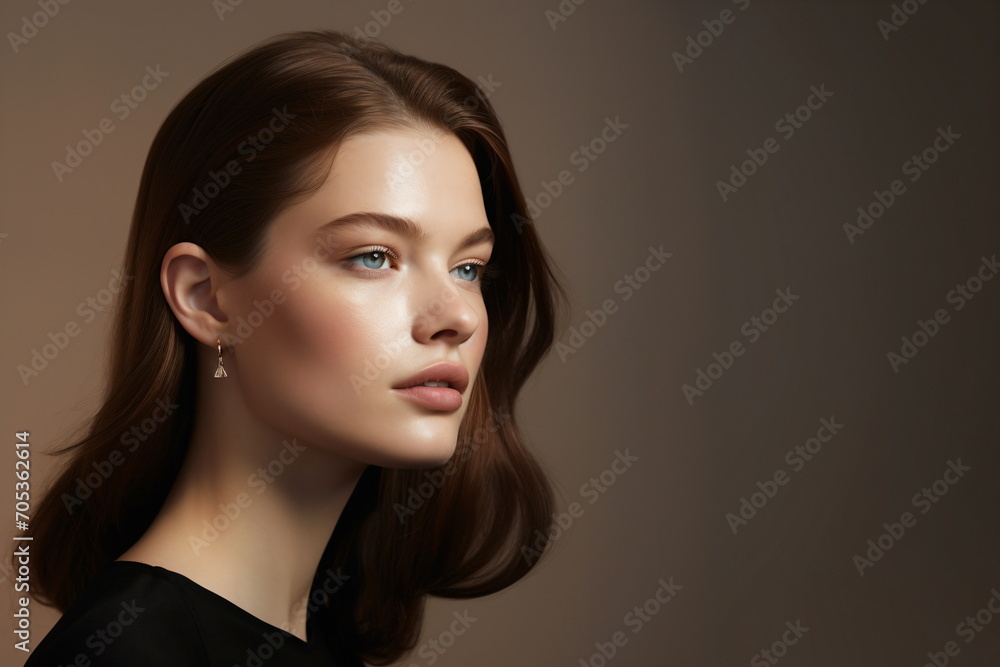Close-up of side view face of brown hair female hair model. Hair shop, style advertising concept. Dark brown studio background. Copy space. Close-up of side view face of brown hair female hair model. Hair shop, style advertising concept. Dark brown studio background. Copy space.
