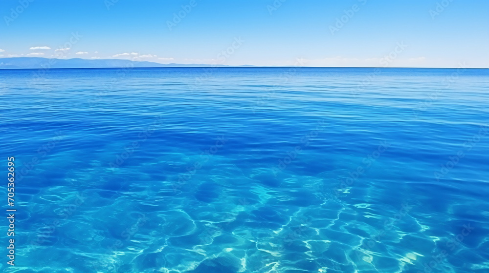 A calm, serene, wide blue sea landscape bordering the blue sky. Generative AI A calm, serene, wide blue sea landscape bordering the blue sky. Generative AI