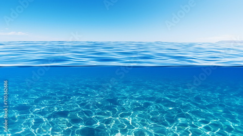 The calm blue and white sea, the scene where you can see both above and below the surface of the sea water at the same time - Generative AI photo