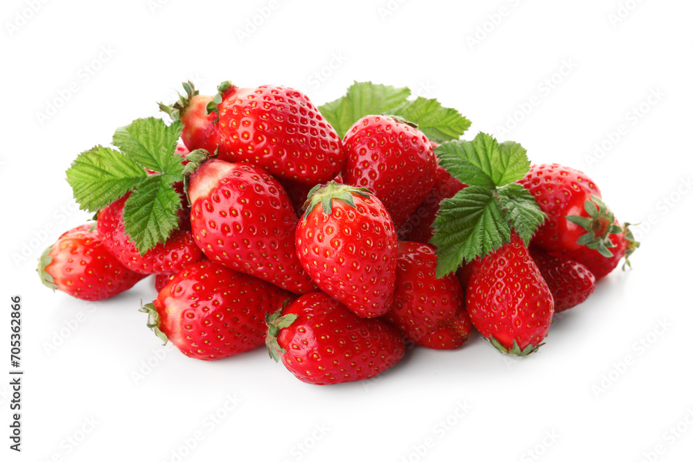 Heap of fresh strawberries with leaves on white background Heap of fresh strawberries with leaves on white background