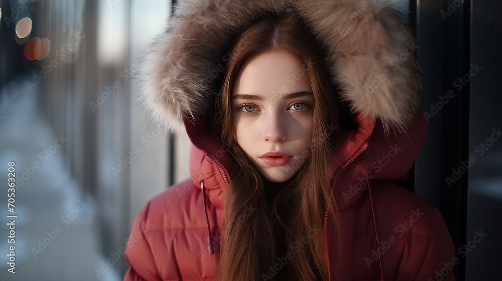 A close-up of a beautiful girl's face wearing winter clothing with a fur hat. Winter streetwear model shoot. Winter clothing fashion model concept. Generative AI