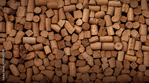 A close-up of various shapes and sizes of wine corks piled up. Cork texture pattern background. top veiw.
