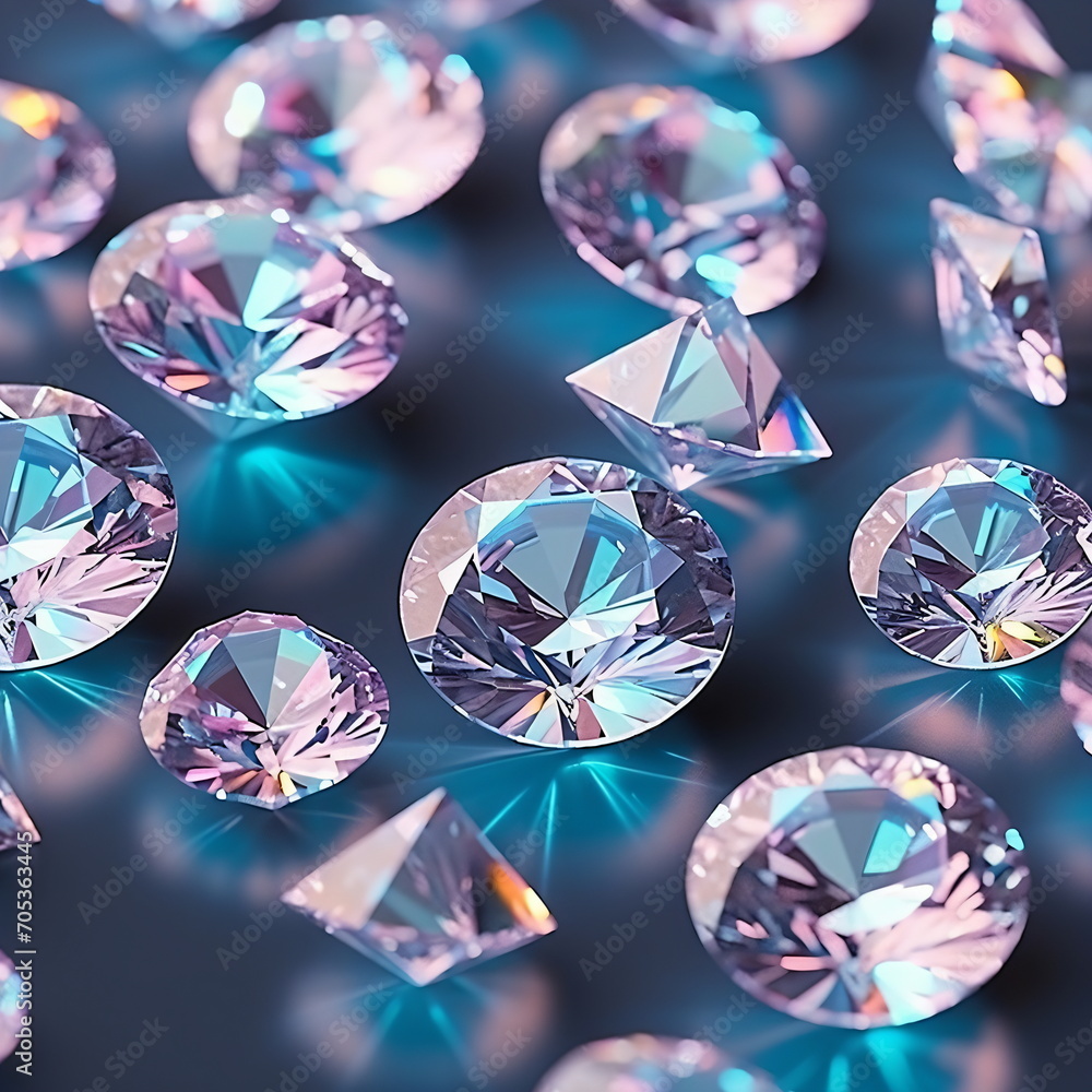 Several diamond gems shining on a dark black background. Crystal, prism, hologram, flatlay, close-up. Generative AI Several diamond gems shining on a dark black background. Crystal, prism, hologram, flatlay, close-up. Generative AI