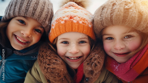 Detailed upscaler, group of kids wrapped up in warm clothes hugging outdoors in winter, low point of view - Generative AI