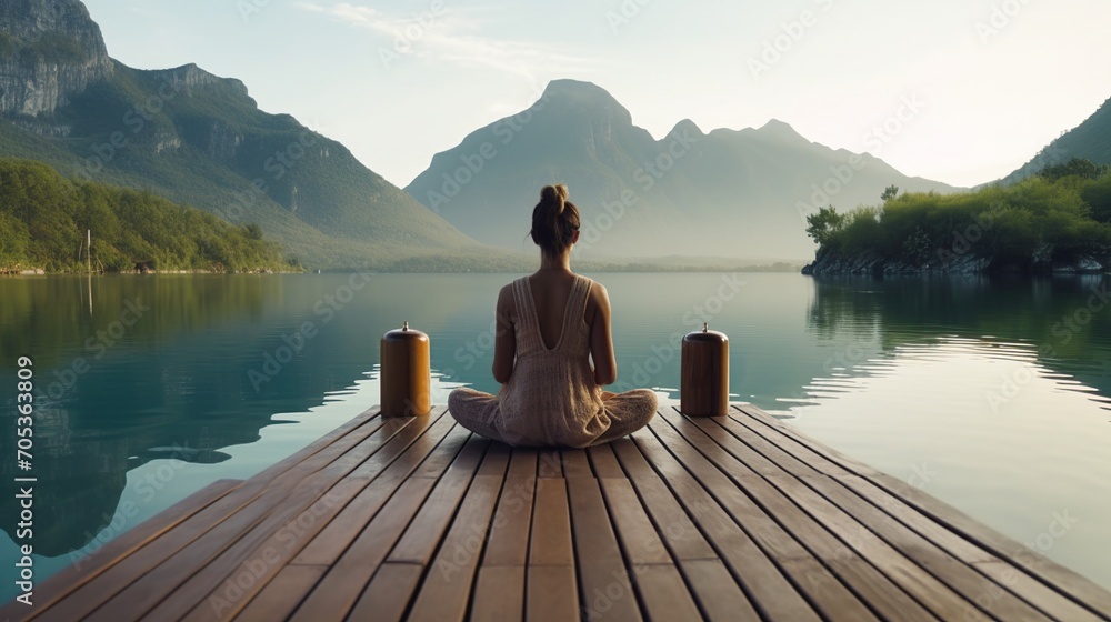 Woman meditating while practicing yoga near lake in summer, sitting on wooden pierRear 