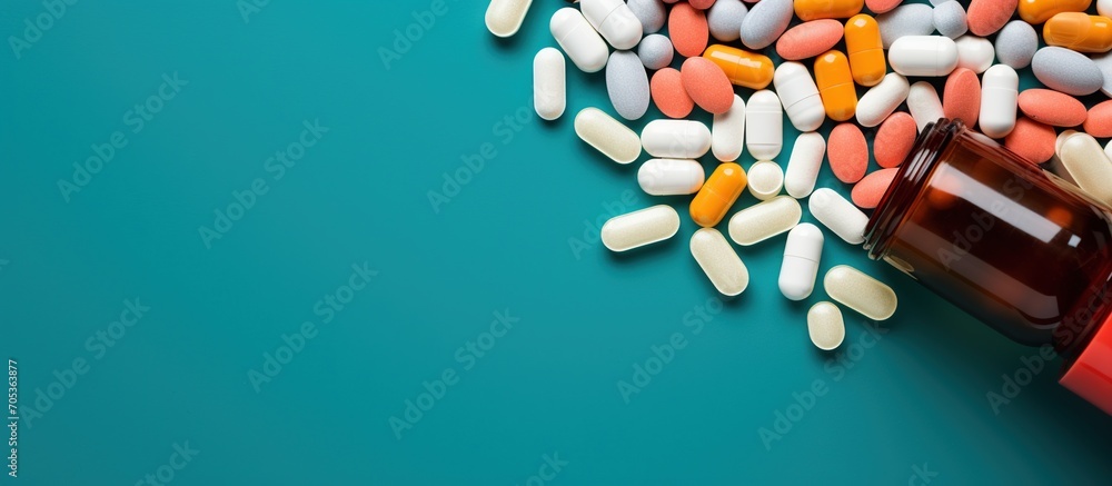 Top view with copy space, medicine bottle and scattered pills on color background - obrazy, fototapety, plakaty 