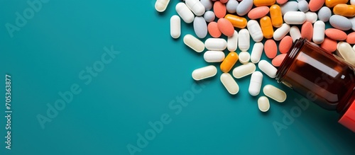 Top view with copy space, medicine bottle and scattered pills on color background photo