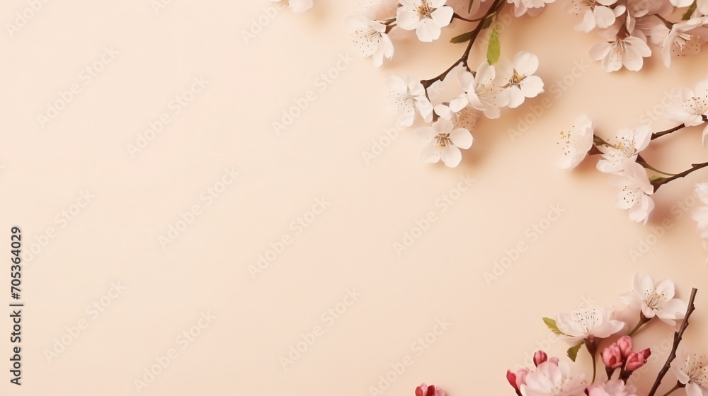Flowers lie flat on a background. Spring greeting card with copy space. Spring frame border. Spring concept. Top view. Closeup. Generative AI Flowers lie flat on a background. Spring greeting card with copy space. Spring frame border. Spring concept. Top view. Closeup. Generative AI