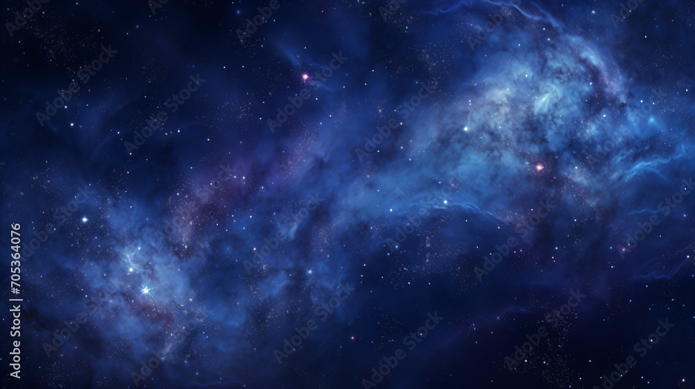 Fototapeta premium A blue light night sky full of stars, nebulae and canals. Blue starlight of the space galaxy. Starry night sky. Generative AI