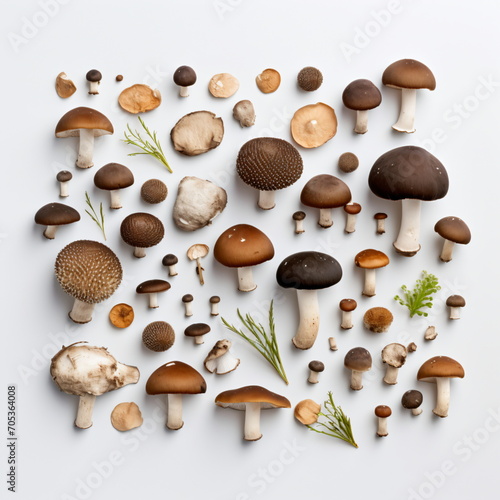 Mushrooms of various shapes are arranged on a white background. Flatlay. Top view. Food pattern background. Generative AI