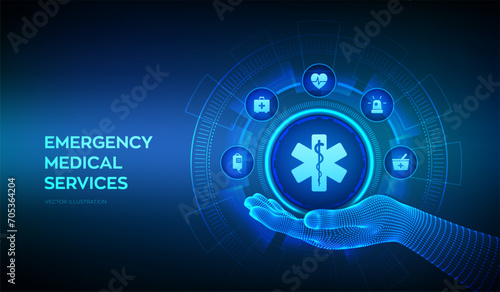 Emergency medical services icon in wireframe hand. Online medical support. Medicine and healthcare application. Emergency service concept on virtual screen. Vector illustration.