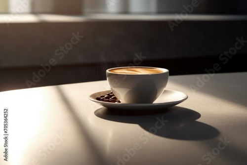 Cup of Coffee on Table in Sunlight in Minimalist Style