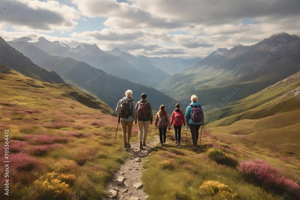 Family hiking in the mountains on a sunny day. They are looking at the beautiful landscape.