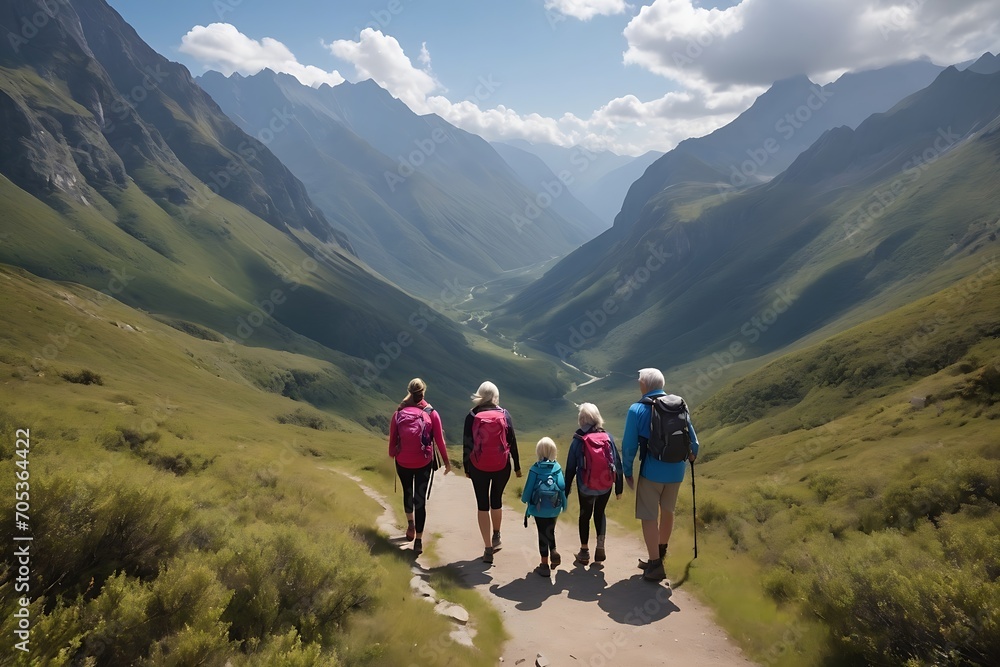 Obraz premium Family hiking in the mountains on a sunny day. They are looking at the beautiful landscape.