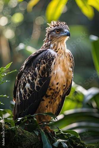 Elegant pose of Javan Hawk-Eagle standing on mossy root in the forest AI Generative