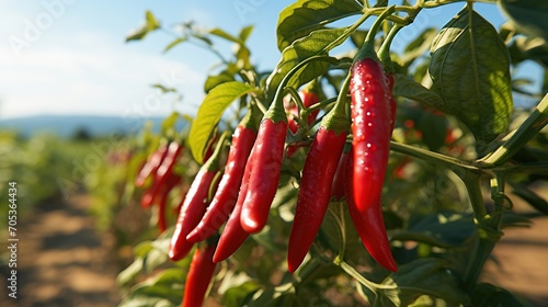 Red hot chili pepper plant on a chiliyard on a sunny day photo