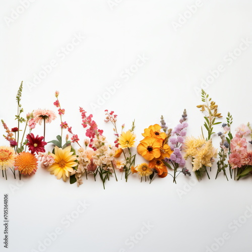 Flowers of various types and colors lie side by side on a white background. Top view. Spring background. Copy space. Generative AI