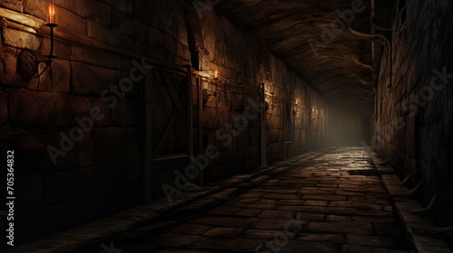 A medieval underground tunnel lit by a few torches in the dark. A dark, mysterious and scary underground passage. Generative AI