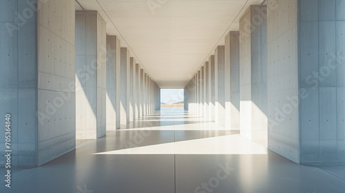 At the end of a long corridor with white concrete pillars on both sides, an outdoor landscape is visible. Light seeping through concrete pillars. With perspective. Empty. Generative AI