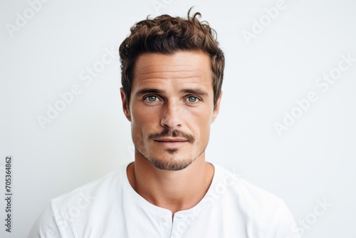 Portrait of handsome man looking at camera. Isolated on grey background