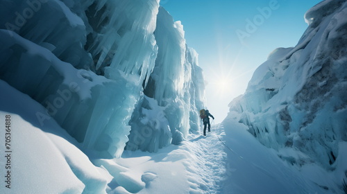 The back of a mountaineer holding a rope as he climbs a mountain path covered with icicles and snow. Generative AI photo