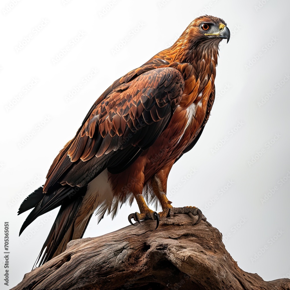Obraz premium Portrait majestic of Javan Hawk-Eagle standing on wood isolated on white AI Generative