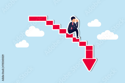 Capital loss or losing money from investment, stock market go down or decline, recession or economic slow down, stock market crisis concept, broke businessman investor on red decline graph and chart.
