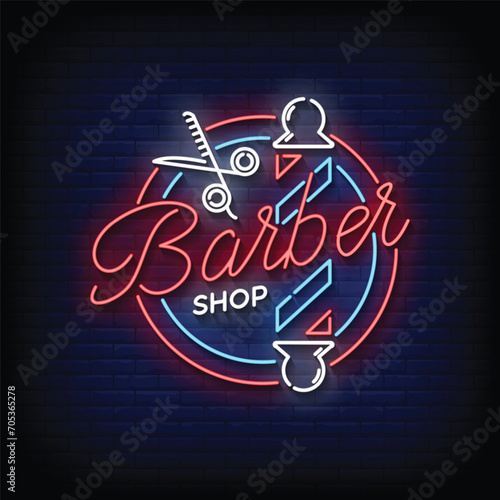 Neon Sign barber shop with brick wall background vector