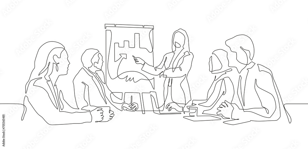 Continuous line drawing of office workers at business meeting. Business meeting and presentation concept Continuous line drawing of office workers at business meeting. Business meeting and presentation concept