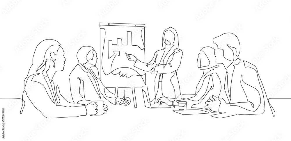 Continuous line drawing of office workers at business meeting. Business meeting and presentation concept