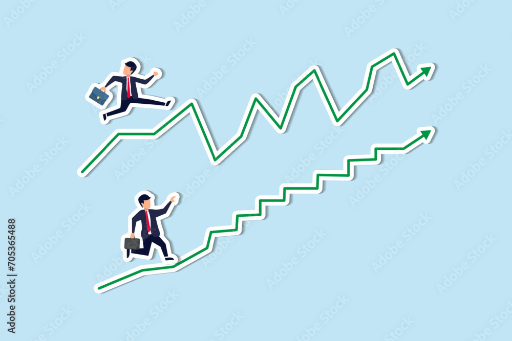 Career path or work successful ladder, investment volatility stairs or business strategy graph concept, businessman walking up stairs graph, one with smooth rising up and other on volatile path Career path or work successful ladder, investment volatility stairs or business strategy graph concept, businessman walking up stairs graph, one with smooth rising up and other on volatile path