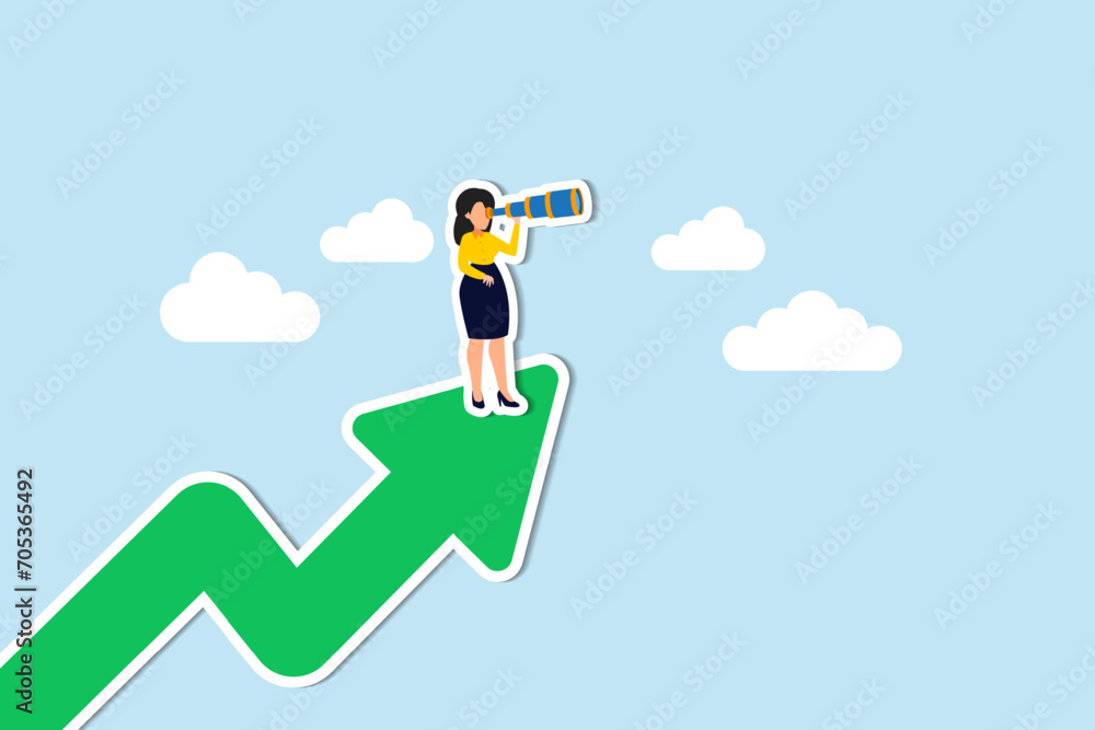 Woman leader with lady power business vision, woman visionary to see business opportunity concept, success businesswoman standing on top of rising arrow with telescope or spyglass to see future vision Woman leader with lady power business vision, woman visionary to see business opportunity concept, success businesswoman standing on top of rising arrow with telescope or spyglass to see future vision