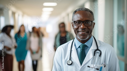 older black male doctor standing in a hospital corridor with a diverse group of staff in the background - Generative AI