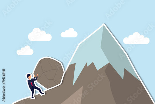 Perseverance, grit or persistence to push effort to success, resilience and strength to keep pushing and achieve goal and success concept, ambitious businessman pushing heavy boulder to mountain peak.