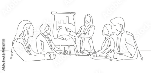 Continuous line drawing of office workers at business meeting. Business meeting and presentation concept