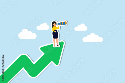 Woman leader with lady power business vision, woman visionary to see business opportunity concept, success businesswoman standing on top of rising arrow with telescope or spyglass to see future vision