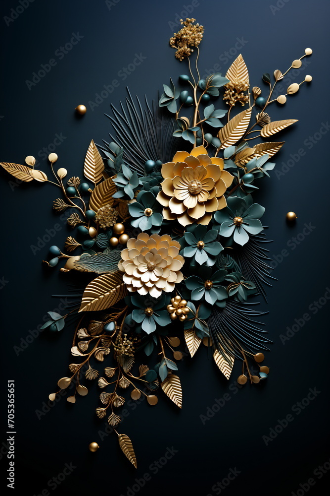 Luxurious Gold Paper Flower Bouquet, Gold and Green Paper Flowers, Leaves, Beads, Wedding, Fashion, Interior Design, Card Design Luxurious Gold Paper Flower Bouquet, Gold and Green Paper Flowers, Leaves, Beads, Wedding, Fashion, Interior Design, Card Design