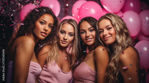 Four beautiful British girls at a New Year's party, Pink background - Generative AI