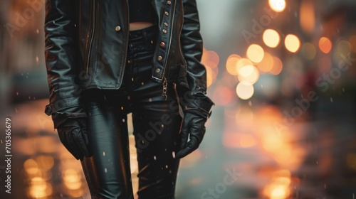 Effortlessly stylish with a classic vintage leather jacket, a soft and sustainable black tee made from organic cotton, and sy recycled rubber boots.