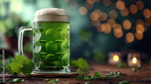 Glass of beer with clover leaves on wooden table and bokeh background. St.Patrick 's Day