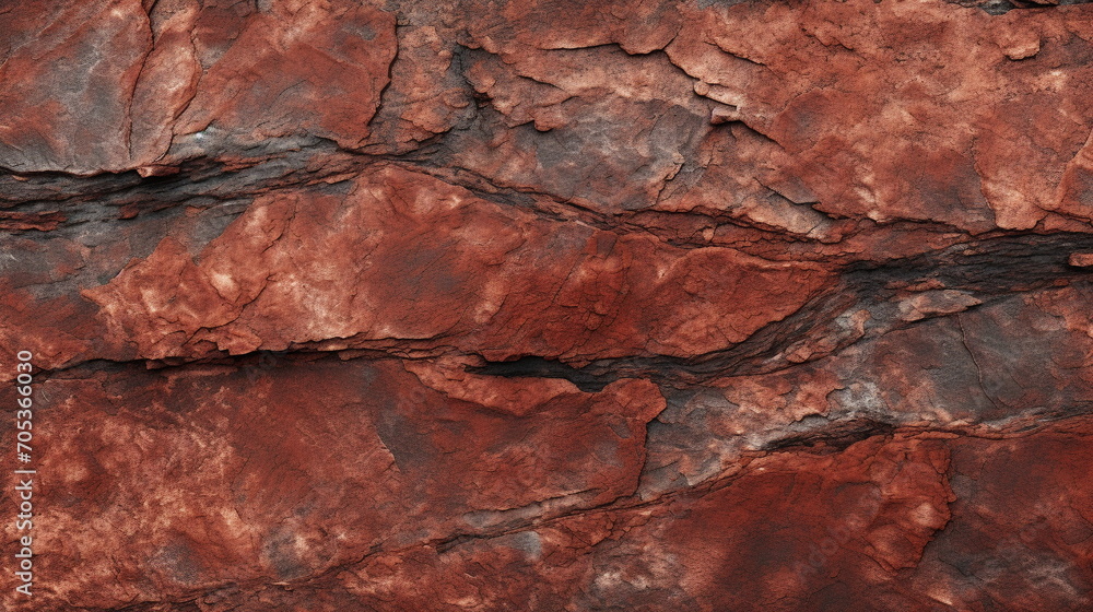 Red brown rock texture with cracks. Rough stone rock surface. Red stone, granite, sedimentary rock background. Close up. Generative AI