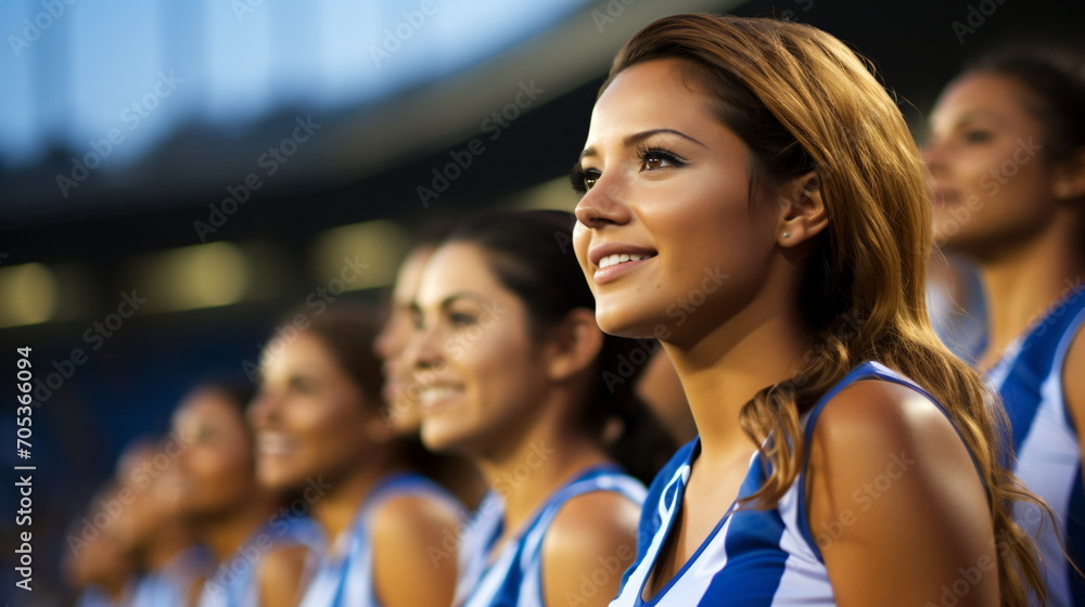 Members of an all-female sports team stand side by side wearing identical uniforms. Side close-up. Outfocusing. Generative AI Members of an all-female sports team stand side by side wearing identical uniforms. Side close-up. Outfocusing. Generative AI