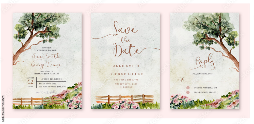wedding invitation set with tree and floral garden watercolor landscape